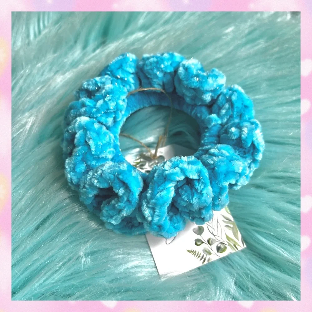 Handmade VELVET Ice Blue Crochet Scrunchie Sparkle Large Hair Tie PinkRainCloud